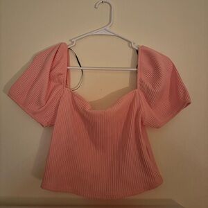 H&M Pink Ribbed Blouse with Puff Sleeves